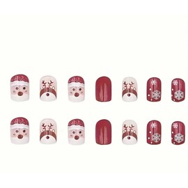24Pcs Christmas False Nails - Press on XMAS Nails - Red White Fake Nails with Santa, Reindeer & Snowflake - includes Gel Stickers AND Nail Glue XMAS01