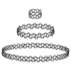 Expressions 3pc Assorted Tattoo Stretch Jewelry Collection - Black Tattoo Choker Necklace, Bracelet & Ring Set - Stretchy Tattoo Effect Jewelry Accessories For Kids And Adults