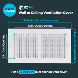 EZ-FLO 12 x 6 Inch (Duct Opening) Air Vent Cover for Wall or Ceiling, Two-Way Ventilation Register, Solid Steel HVAC Register Cover, White, 61612
