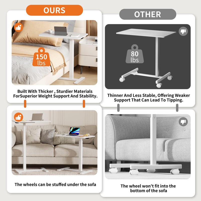 NICECOZY Medical Adjustable Overbed Bedside Table with Wheels, Rolling Laptop