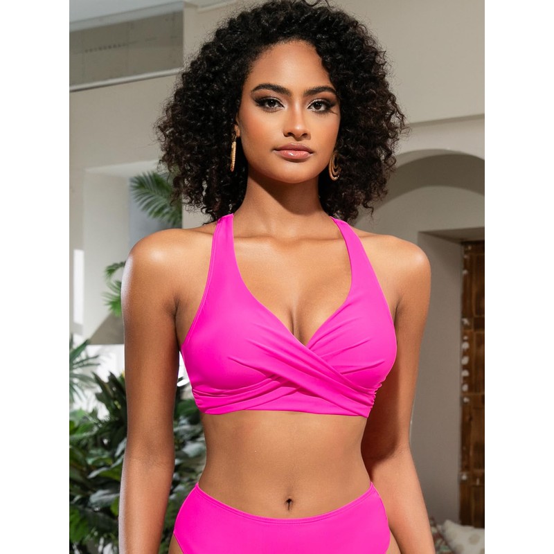 SHEKINI Women's Bikini Top Crossover Pleated Backless Push Up Adjustable