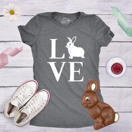 Womens Easter Bunny Shirt – Cute Love Rabbit Graphic Tee – Soft Cotton Blend Vintage Style T-Shirt – Casual Holiday Outfit for Animal Lovers Dark Heather Grey
