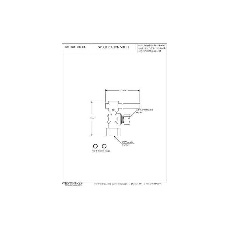 Westbrass 1/4-Turn Lever Handle Angle Stop, 1/2" IPS x 3/8"
