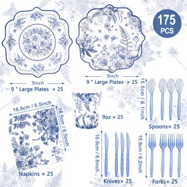 FULJOOY 200Pcs Blue & White Floral Party Supplies 7" 9 Inch Disposable Elegant Paper Plates With Scalloped Rims Napkin Cups Chinoiserie Vintage Flower Tableware Set for Wedding Engagement Baby Shower