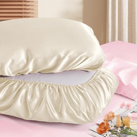 Manyshofu Satin Pillowcases for Hair Protection - 2Pcs Beige Pillow Cases, Elastic Band Standard & Queen Satin Pillowcases Luxury Silky Pillow Cases Travel Pillow Covers