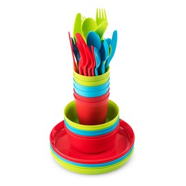 Plaskidy - Juego de vajilla de plástico, 6 unidades, 36 piezas, incluye tazas, platos, tazones, cubiertos y platos, reutilizables, aptos para microondas, lavaplatos, sin BPA, para niños