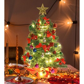 HMASYO Small Christmas Tree with Lights and Ornaments, 22 Inch Green Tabletop Mini Christmas Tree with Light, Star Topper, DIY Artificial Table Top Xmas Tree for Holiday Indoor Home Decoration