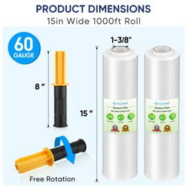 TICONN 1PK Stretch Wrap Stretch Film Roll, 1000ft 60 Gauge Industrial Strength 15 inch Wide Clear Plastic Wrap with Handles for Pallet Wrapping Shipping and Surface Protection (1000ft, 1pk)