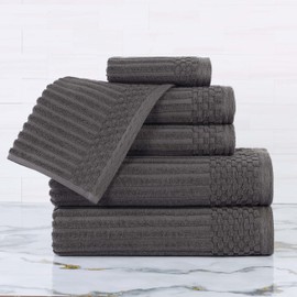 Superior Cotton 6-Piece Solid and Ribbed Towel Set, Face Towels 13” x 13”, Hand Towels 16” x 28”, Bath Towels 27” x 54”, Charcoal