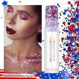 Red White & Blue Star Body Glitter for Face, Body & Hair - 4th of July Soccer Game Day Accessories, Chunky Sparkle Patriotic Makeup for Watch Party, Rave & Stadium, 2 Pack for Women