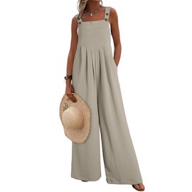 Dokotoo Womens Casual Loose Overalls One Piece Sleeveless Jumpsuits for Women Stretchy Wide Leg Loose Fit Adjustable Straps Long Pant Rompers Jumpsuit with Pockets Small Khaki