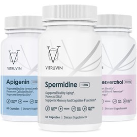 VITRUVIN Longevity Plus (Spermidine 2x10mg, Apigenin 2x50mg, Resveratrol 500mg + Piperine 5mg) Vegan, Non-GMO, Gluten-Free, Gelatin-Free.