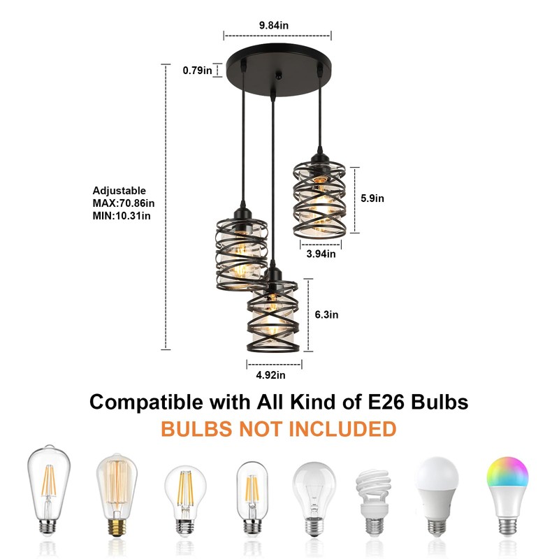 foucasal Pendant Lights Kitchen Island Black Pendant Light Fixtures 3-Light