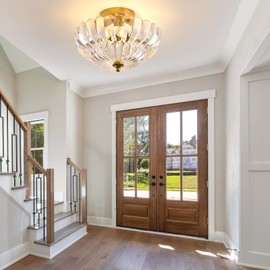 SHBEILOU Modern Flush Mount Ceiling Light Gold Ceiling Light for Bedroom,3-Light Close to Ceiling Light Fixtures with Scalloped Clear Glass Shade for Living Room,Hallway,Entryway,Foyer,Kitchen,E26