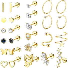 JeryWe 26Pcs Kleine Ohrring Damen Set Chirurgenstahl Tragus Knorpel Piercing Ohrstecker Creolen CZ Herz Schmetterling Blume Flach Ohrringe für mehrere Piercing 16G-20G Hypoallergen Gold
