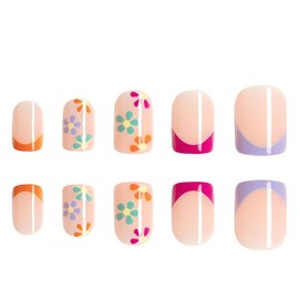 24Pcs Short Square Press on Nails Flower Fake Nails Glossy Artificial False Nails Reusable Stick on Nails Full Cover Glue on Nails Natural Acrylic Nails for Women French Tip Manicure Art