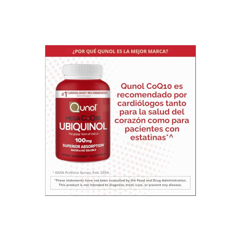 Qunol Mega Ubiquinol CoQ10 100 mg, absorción superior, 60 cápsulas