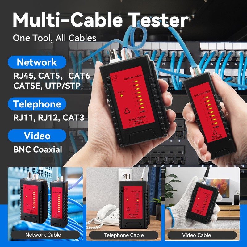 Professional Network Cable Tester, 3-in-1 RJ45 RJ11 BNC Ethernet Tester