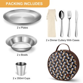 Odoland Camping Cutlery Set with Portable Pouch Case, Stainless Steel Tableware Kit Travel Utensil Set with Bag All-in-1 Flatware Kit for Hiking and Picnic Outdoor and Indoor, 2 People