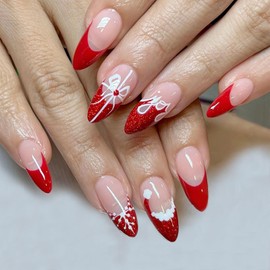 Christmas Press on Nails Medium Almond MABKJLF Red French Tip Fake Nails Winter False Nails with Designs Christmas Hat Snowflake Bow Flames Glossy Glue on Nails Acrylic Nails for Women Girls 24 Pcs