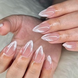 Almond Press on Nails Medium Fake Nails with White Sea Wave Designs Nude Pink False Nails Press ons Acrylic Nails White French Glue on Nails Fall Artificial Stick on Nails for Women 24Pcs