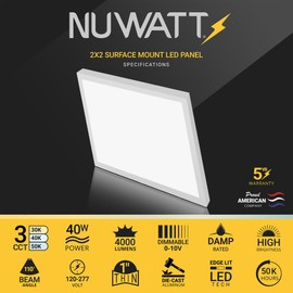NUWATT 2x2 FT Square Surface Mount Flat Panel LED Light, 120-277V, 3CCT 3000K/4000K/5000K Selectable, 4000LM, 40W, Internal Driver, Dimmable 0-10V, Damp Rated, 2x2 Flush Mount Ceiling Light, 1" Thick