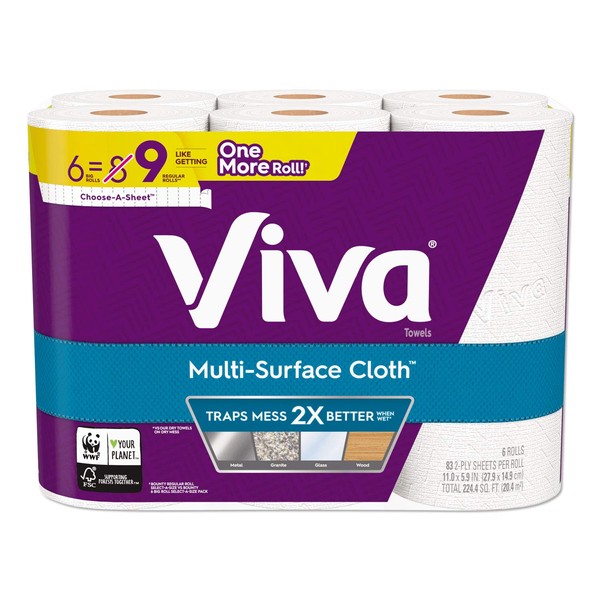 Viva Multi-Surface Cloth Choose-A-Sheet Paper Towels Cloth-Like Kitchen Paper Towels, White, 83 Sheets (Pack of 6)