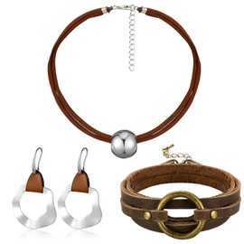 Inbagi 3 Pcs Western Jewelry for Women Bohemian Set, Boho Pendant Long Choker, Faux Leather Layered Bracelet, Dangle Earrings(Solid Style)