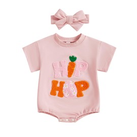 FEIBEL Baby Girl Easter Outfit Letter Print Short-Sleeve Crewneck Romper Little Bunny Onesie with Headband (Pink 2, 12-18 Months)