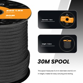 Abma Cord Paracord 550, Nylon Rope Paracord, 4 mm Cords (15 m - 30 m - 50 m - 100 m) with 7 Cores, Type III Survival Parachute Cord, Top 45 Hot Colours - Max. 250 kg - Black, 30 m