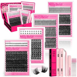 MilyBest Lash Clusters Kit 808Pcs Eyelash Clusters with Spikes and Bottom Lashes Clusters D Curl 4 Styles Lash Kit Fluffy DIY Individual Eyelashes Glue Wispy Cluster Eyelash Extensions Kit De Pestañas