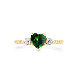 AFFY Heart Simulated Emerald & Sparkling Cubic Zirconia Beaded Heart Solitaire Promise Ring 14k Yellow Gold Over Sterling Silver Jewelry Gift for Women Ring Size-7.5