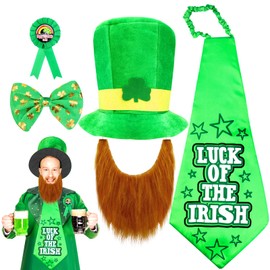 Qpout St. Patrick's Day Costume Accessories Set, Shamrock Top Hat with Beard, Bowtie, Tie, Lapel Badge, Leprechaun Hat Fancy Dress Adult Kids Party Favours for Irish St. Patricks Day Party Decoration