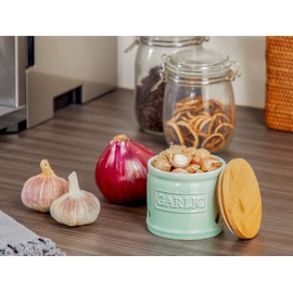 ONEMORE Garlic Keeper for Counter, Garlic Holder Countertop Storage Container, Garlic Saver Keeper with Lid, Ceramic Garlic Jar for Kitchen, Mint Green