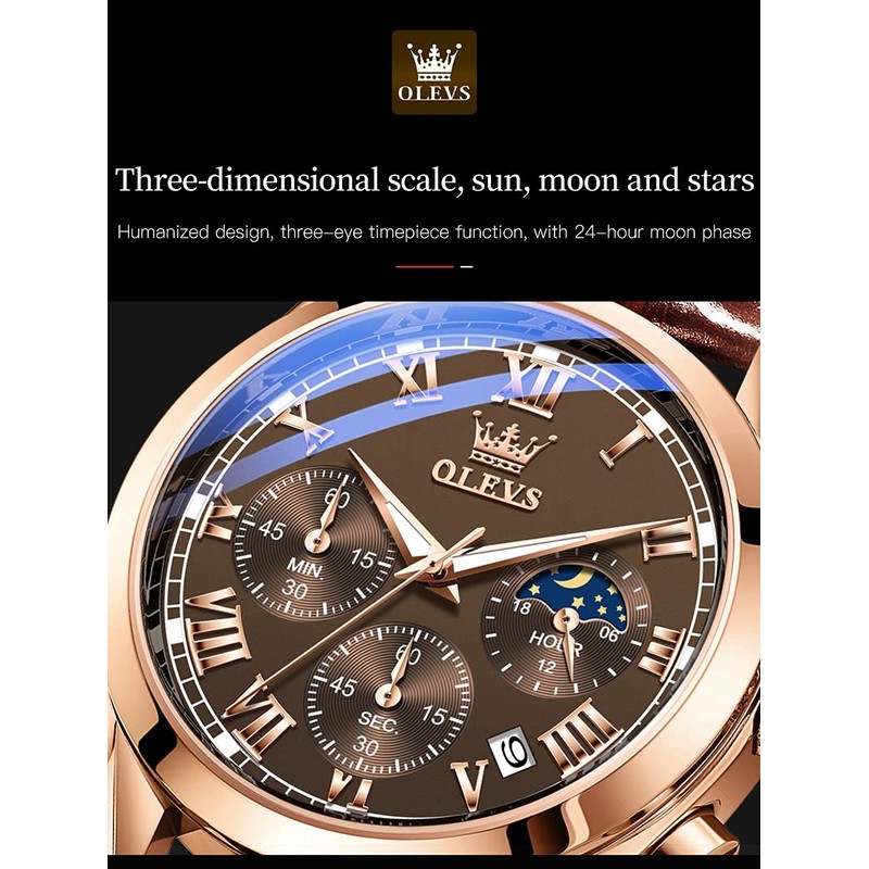 OLEVS Men Watch Leather Strap Moon Phase Casual Classic Analog