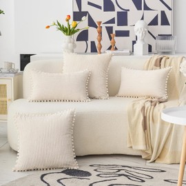 Home Brilliant Cream Cushion Cover with Pom-poms Soft Cute Corduroy Decorative Cushion Covers Sofa Bed, 45 x 45cm, 18inch, Set of 2, Cream