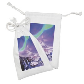 Lunarable Aurora Borealis Fabric Pouch Set of 2, Scenery of Famous Vivid Sky at Dusk over Kirkjufell Mountain in Iceland, Small Drawstring Bag for Toiletries Masks and Favors, 9" x 6", Multicolor