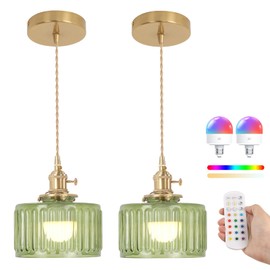 Shenmoyl Battery Operated Pendant Light 5000mAh Rechargeable Chandelier with Remote Control Wireless Adjustable Hanging Green Striped Light for Kitchen Island Dining Room Hallway, 2 Pack