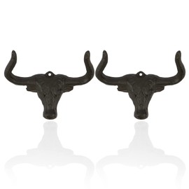 30GO Cast Iron Longhorn Steer Wall Hook-5" Bull Head Decorative Hanger 2 Pack Heavy Duty Rustic Western Decor | Includes Screws and Anchors