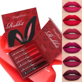 MooGlamor 6 Pcs Matte Liquid Lipstick Set Red Lip Gloss with Long-Lasting and Waterproof Lipsticks for Women Lip Makeup Gift (Red Rabbit, 6 Pcs)