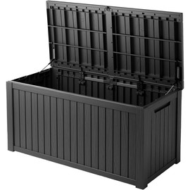 ROCKBIRDS 150-Gallon Outdoor Deck Box – Waterproof Patio Storage Bin with Lockable Lid, UV-Resistant Resin – Multi-Functional Bench & Table Design for Backyard, Poolside, All-Weather Use, Black