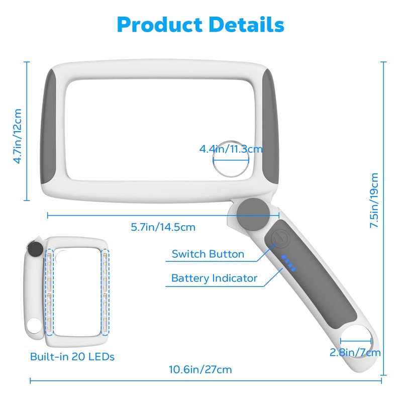MoKo Magnifying Glass for Reading, Rechargeable 5/20/45X Full Page Book