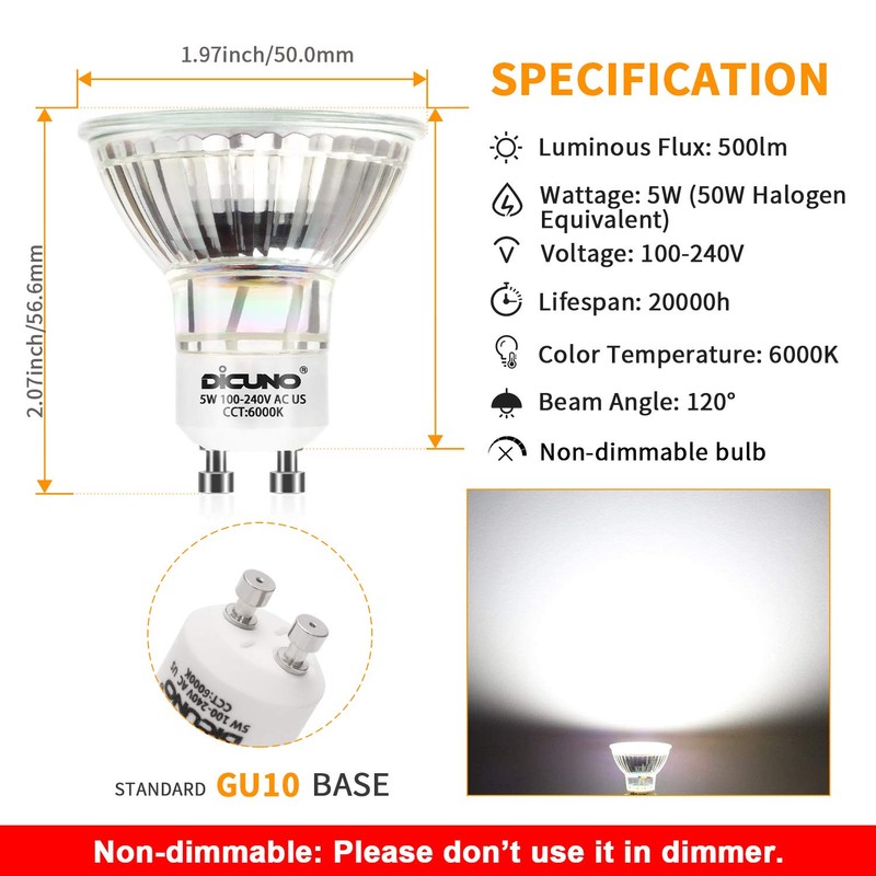 DiCUNO GU10 LED Bulbs 5W Daylight White 6000K, 500lm, 120