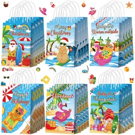 Kolldenn 24 Pcs Summer Christmas Party Favor Bags Hawaiian Christmas Goodie Gift Paper Bags with Handles Tropical Beach Candy Treat Pouch for Hawaii Birthday Party Decorations Supplies