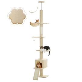PETEPELA Floor to Ceiling Cat Tree[83"-108"], Cat Tower 5 Levels, Height Adjustable, Cat Scratching Post with Top Perches and Spacious Condo for Large Indoor Cats, Beige
