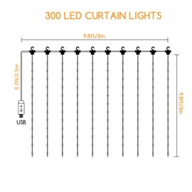 Jsdoin Curtain Lights 3m×3m 300LED Fairy Lights with 8 Modes Remote Control Timer Adjustable Brightness, Curtain Light for Bedroom, Garden, Party,Christmas,Curtain Fairy Lights (Warm White)