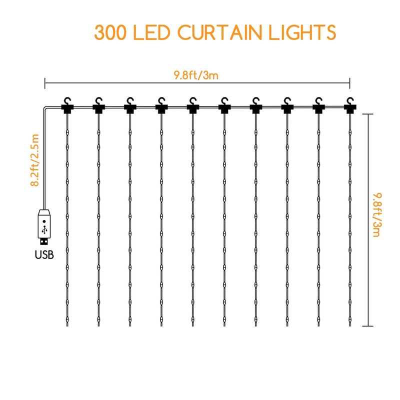 Jsdoin Curtain Lights 3m×3m 300LED Fairy Lights with 8 Modes
