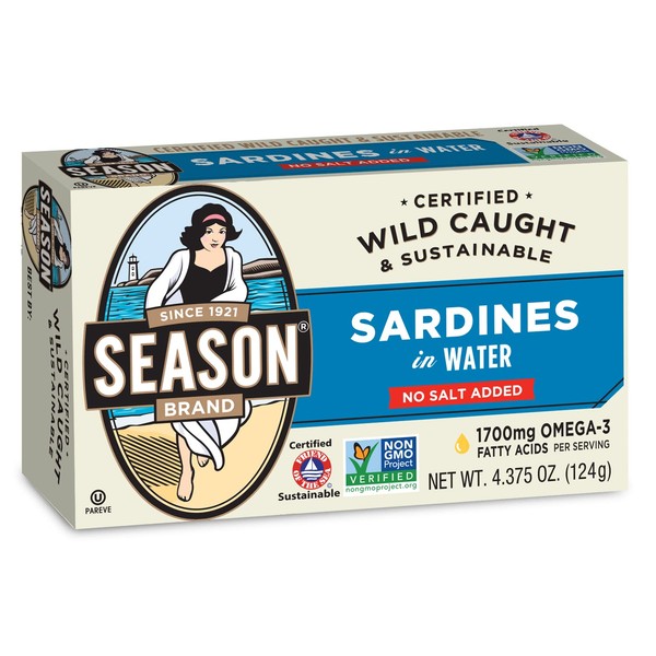 Season Sardines in Water – No Salt Added, Wild Caught, 22g of Protein, Keto Snacks, More Omega 3's Than Tuna, Kosher, High in Calcium, Canned Sardines – 4.37 Oz Tins, 12-Pack