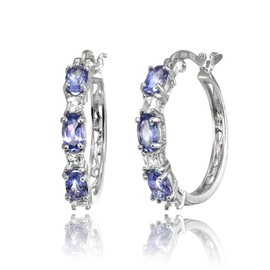 Tanzanite Earrings for Women Sterling Silver Hoops Princess-cut White Topaz & Oval Violet Hoop Earring for Bridesmaids Fashion Trendy