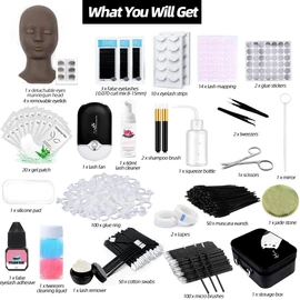 Lash Extension Kit Professional Eyelash Extensions Practice Set with Mannequin Head Removable Eyelids USB Lash Fan Individual False Eyelash Shampoo Brush Glue Practical Tools for Beginners